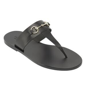 Gucci Horsebit Calf Leather Thong Sandal Slide Black Silver Size 37.5